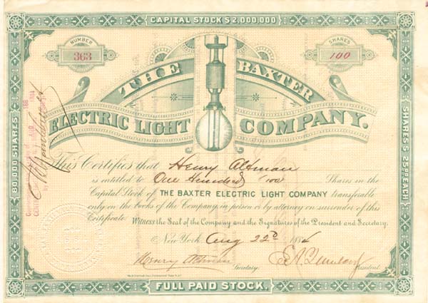 Baxter Electric Light Co. - Stock Certificate